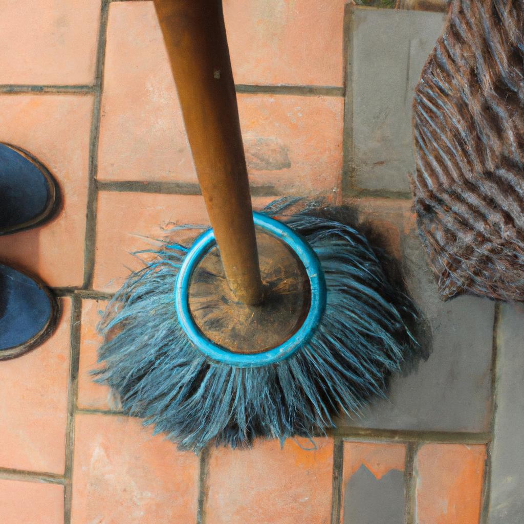 Person holding broom and mop